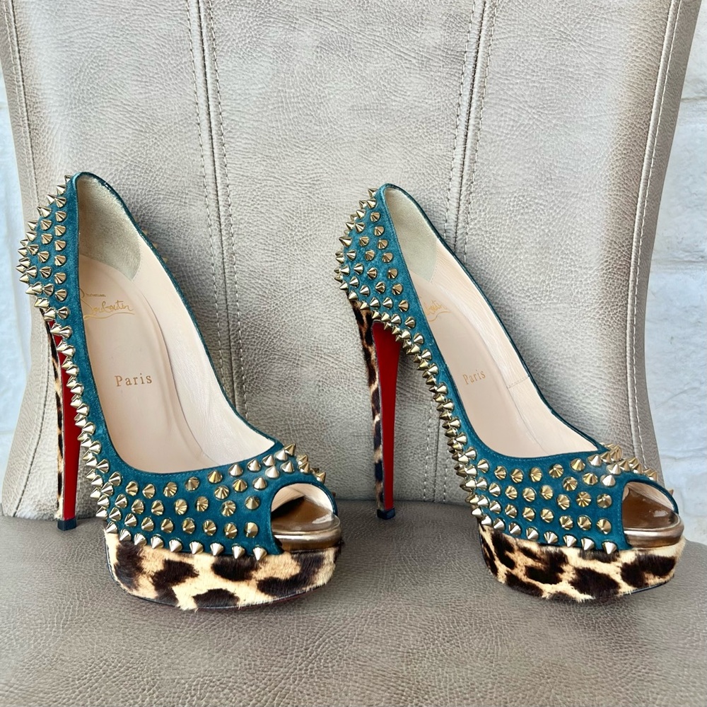 Christian Louboutin Lady Peep Spike 140 Blue Suede Leopard Heels Gold Peep Toe